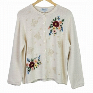 EMBROIDERED Grandma Knit Cardigan Floral Butterfly L Haband Vintage